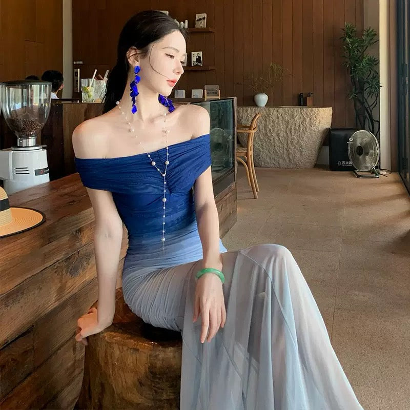 Elena Blue Ombre Off Shoulder Mermaid Maxi Dress - Made For Her Label