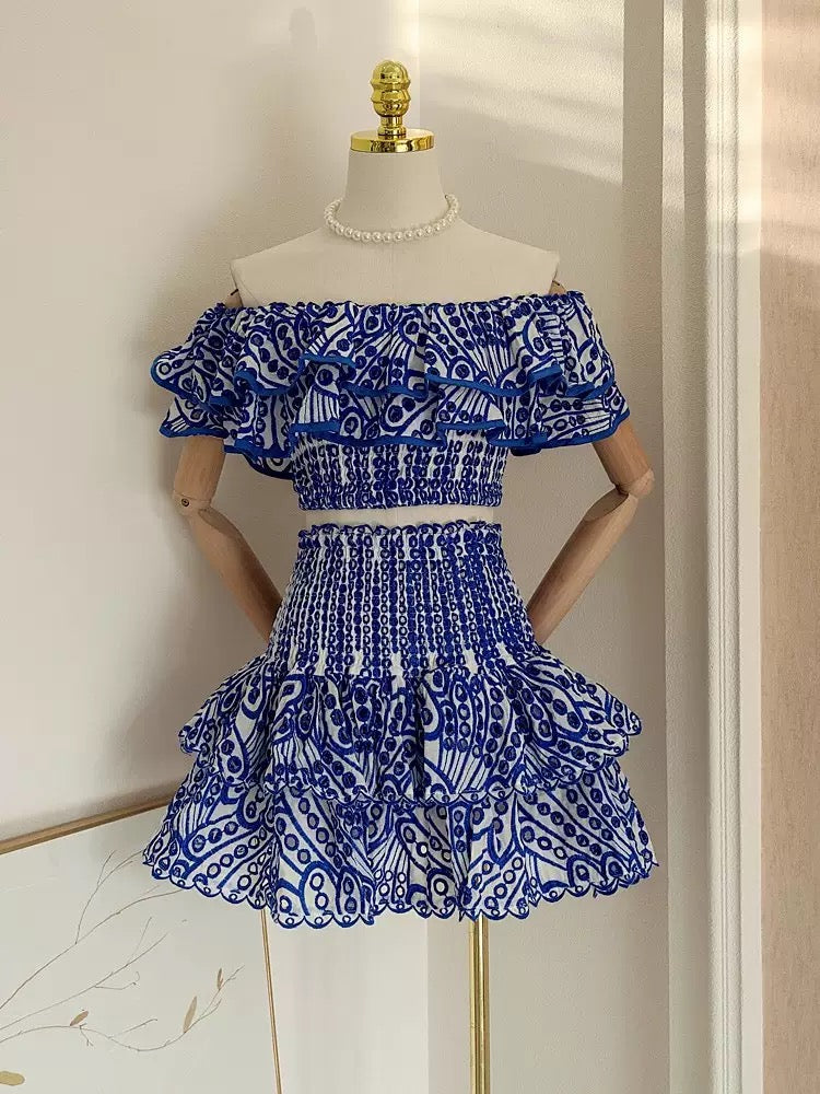 Amalfi Blue Porcelain Print Ruffle Crop Top & Mini Skirt Co-Ord Set - Made For Her Label