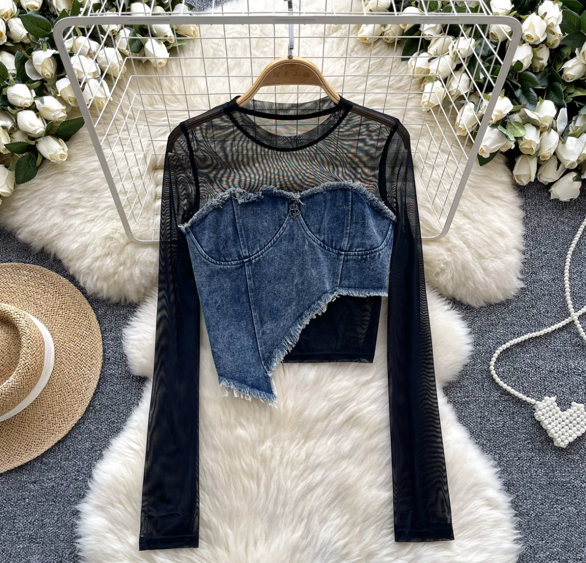 Alisha in Our Siwet Mesh Denim Top