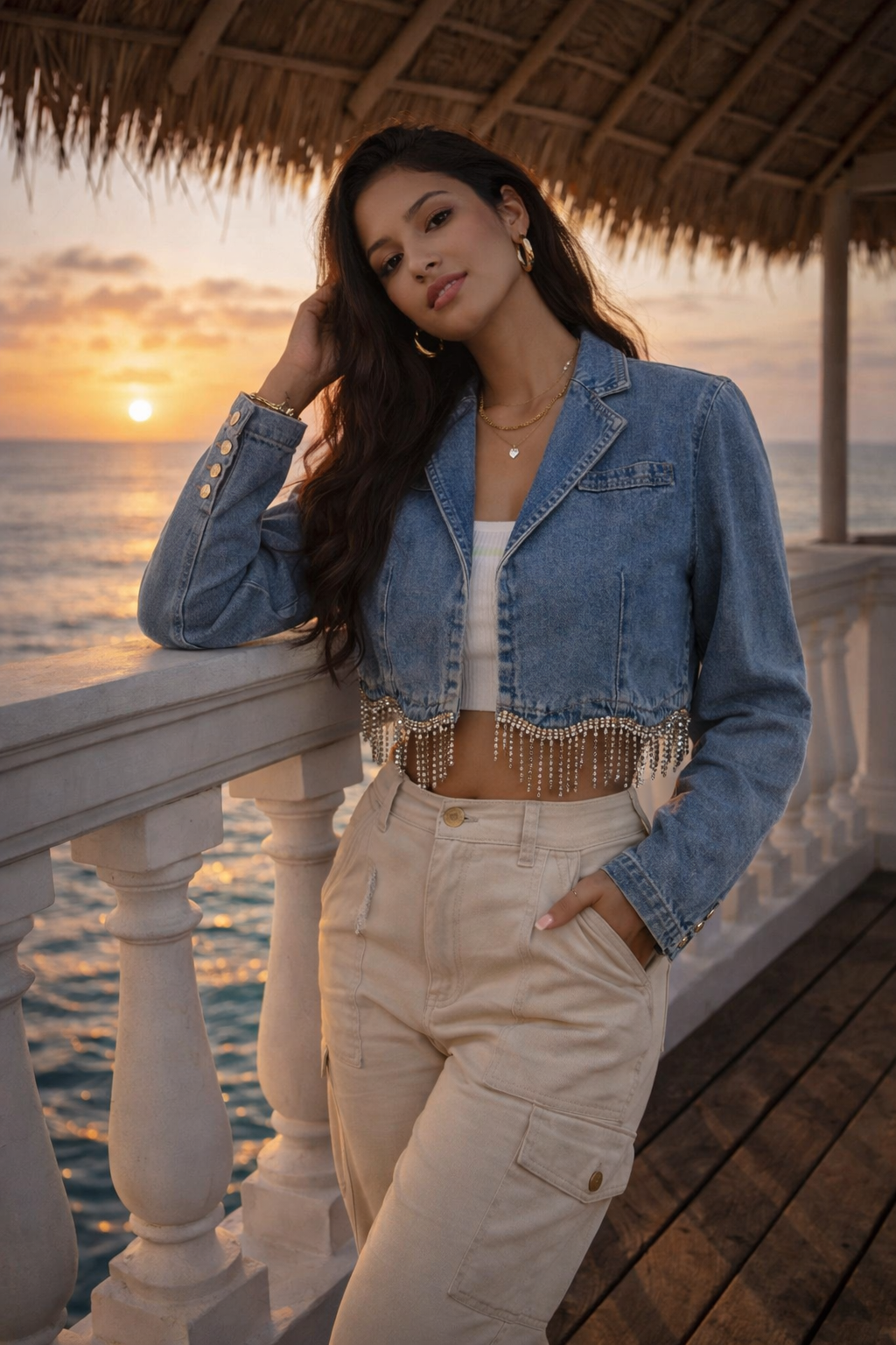Ruhani Rhinestone Tassel Blue Crop Full Sleeve Denim Jacket - Made For Her Label