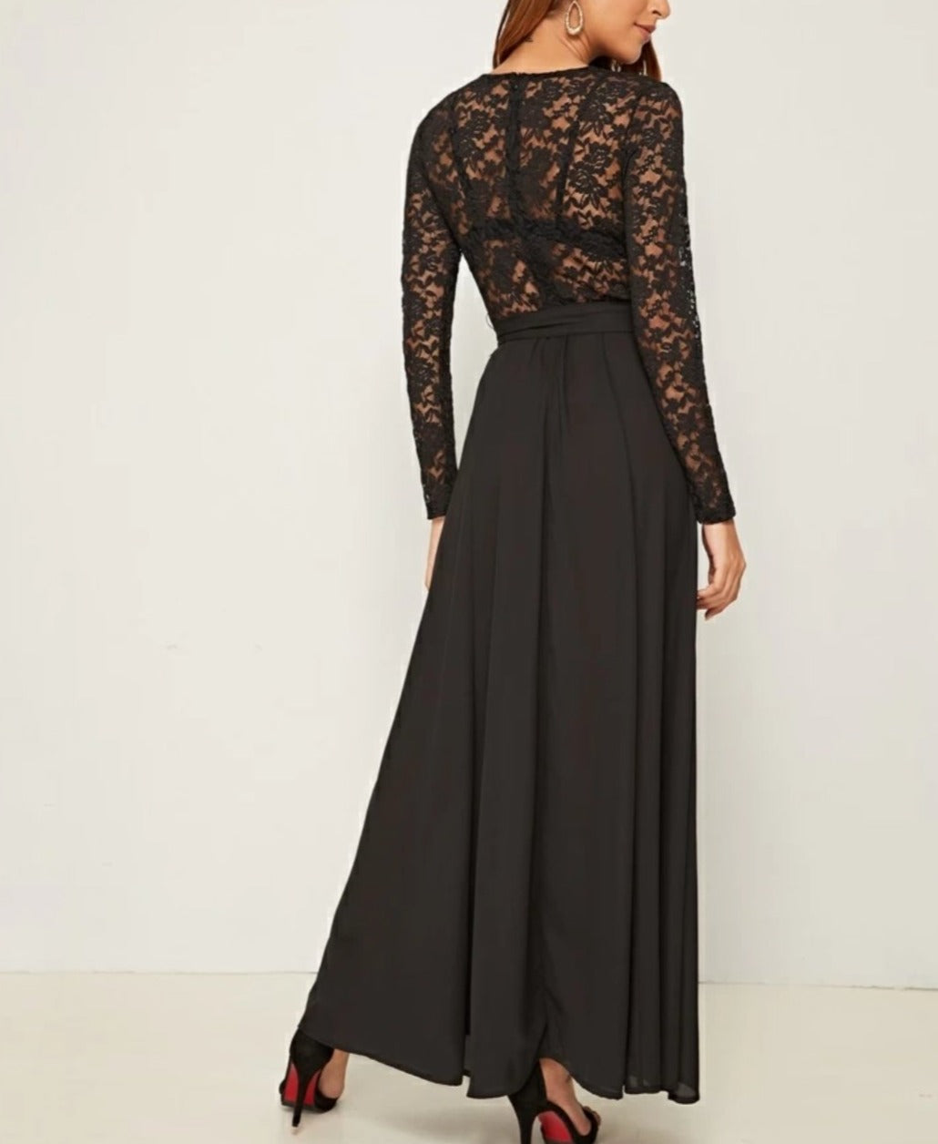 Sheer Lace Bodice Self Belted Flared One Piece Dress