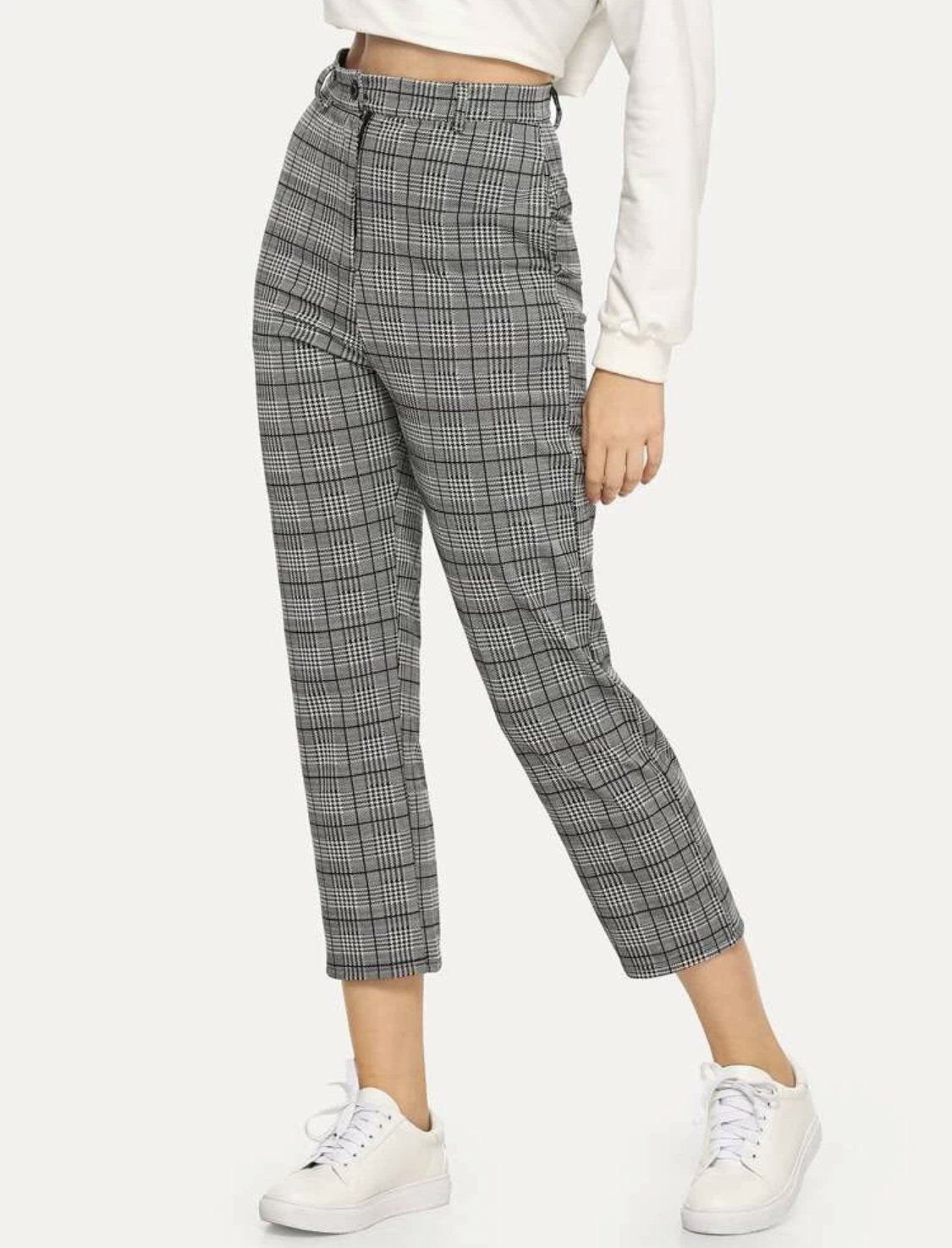 Plaid Button Decoration Pants