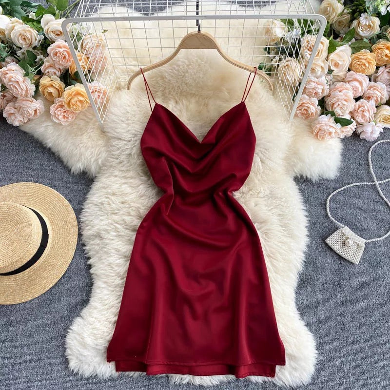 spaghetti strap silk mini dress Duntery Homecoming Dress Spaghetti Straps Mini Dress, Burgundy