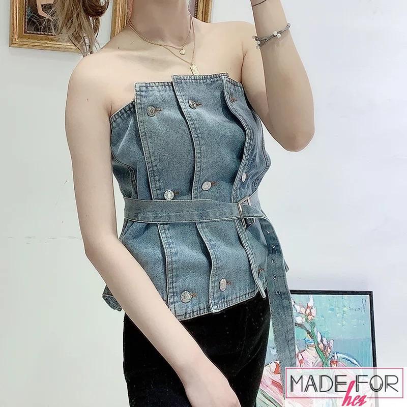 Client Namrata In Our Layered Strapless Denim Top - Made For Her Label