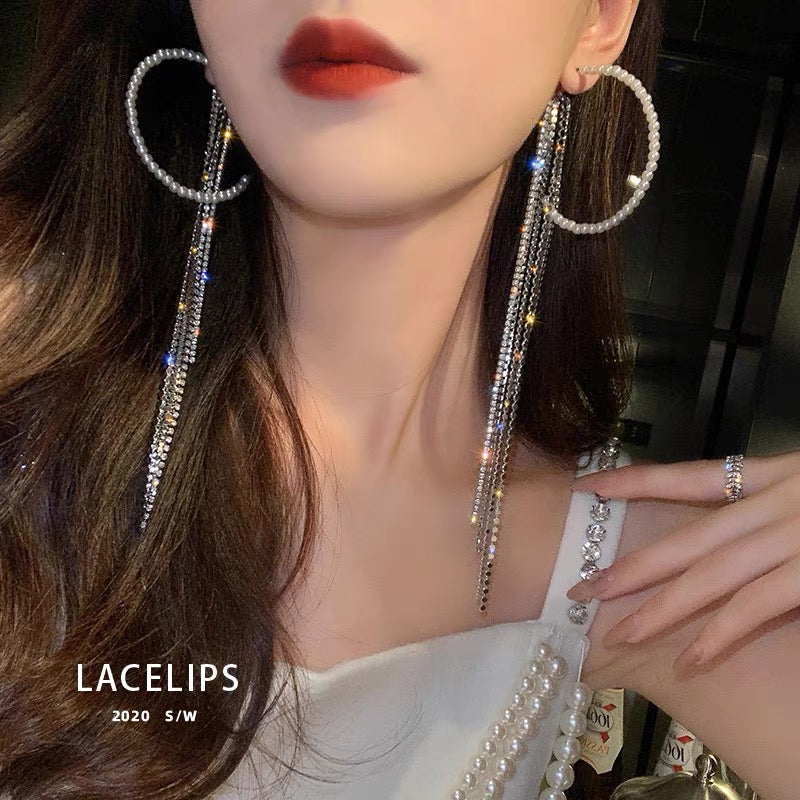 Rhinestone Tassel With Pearl Hoops Earrings