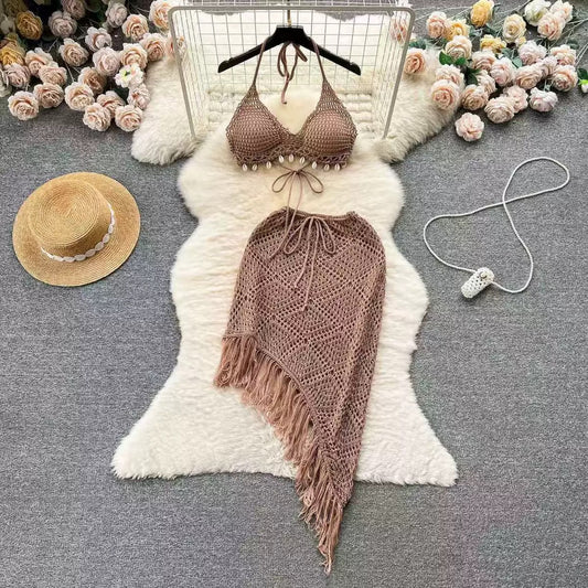 Alison Crochet Shell Detail Halter Bralette & Fringe Sarong Co-Ord Set - Made For Her Label