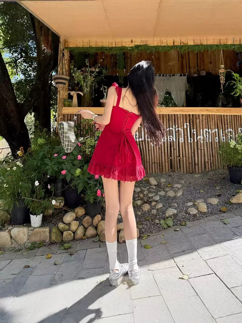 Ruby Red Lace Trim Ruffle Mini Dress - Made For Her Label