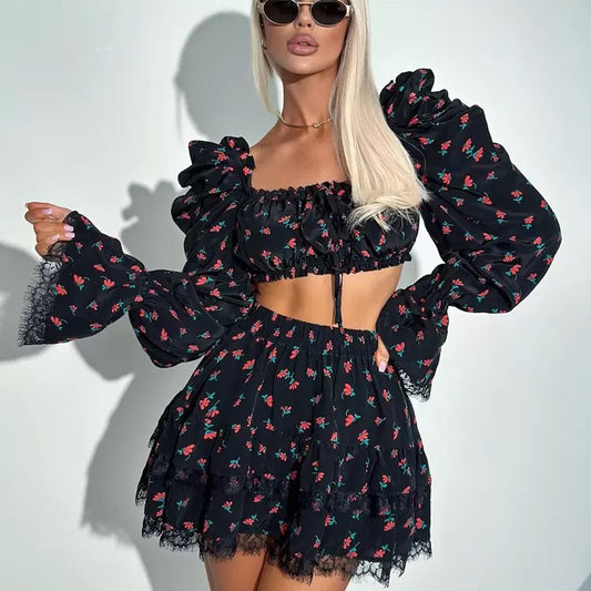 Cabo Black Cherry Print Ruched Crop Top & Mini Skirt Co-Ord Set - Made For Her Label
