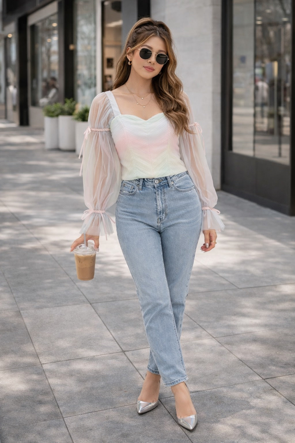 Rainbow Color Lantern Sleeve Chiffon Top - Made For Her Label