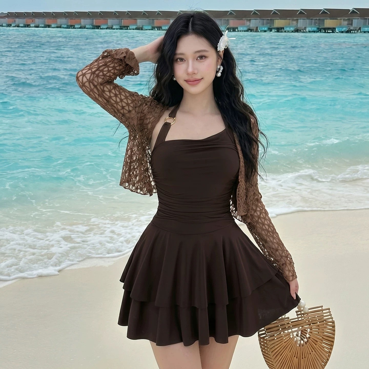 Sorevia Chocolate Lace One-Piece Swimsuit with Cover-Up Shrug