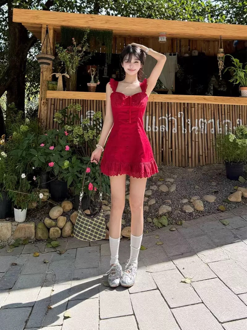 Ruby Red Lace Trim Ruffle Mini Dress - Made For Her Label