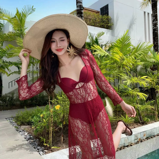 Virelle Burgundy Lace 3-Piece Beachwear Set