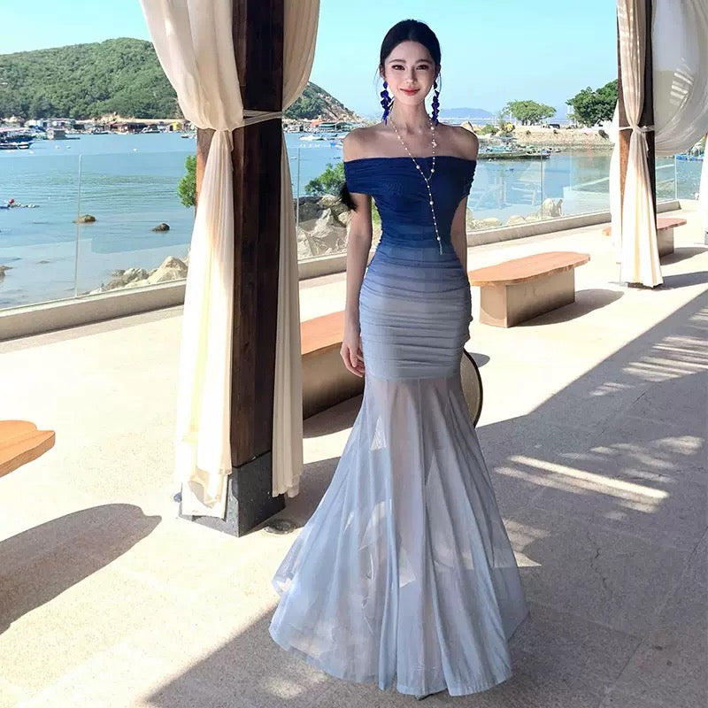 Elena Blue Ombre Off Shoulder Mermaid Maxi Dress - Made For Her Label