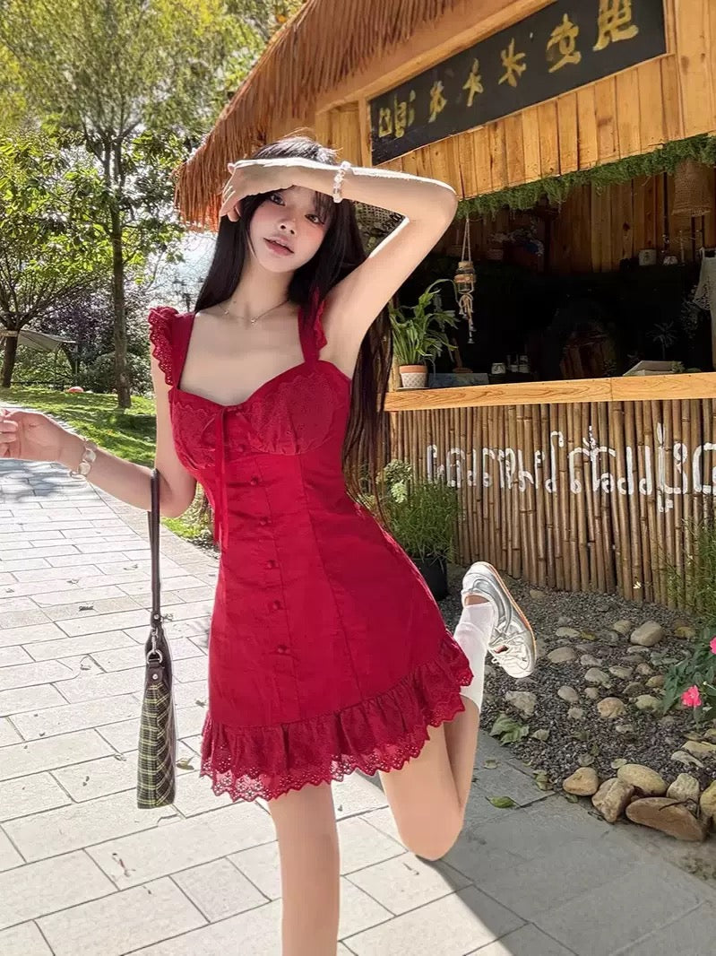 Ruby Red Lace Trim Ruffle Mini Dress - Made For Her Label