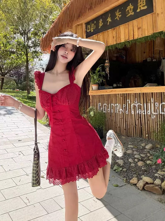 Ruby Red Lace Trim Ruffle Mini Dress - Made For Her Label