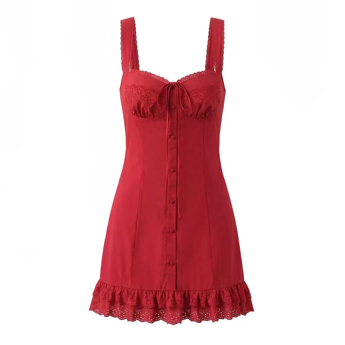 Ruby Red Lace Trim Ruffle Mini Dress - Made For Her Label