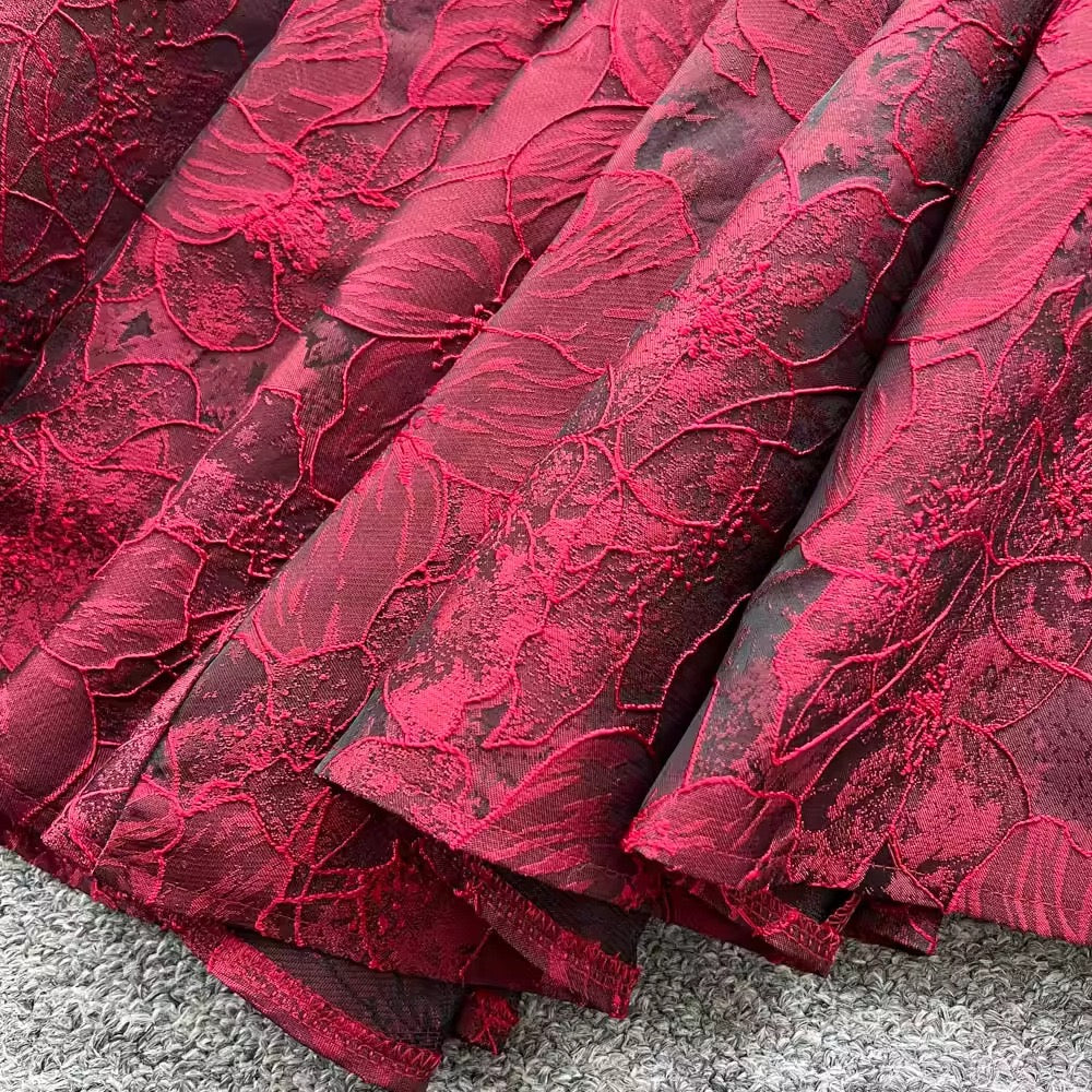 Amelia Wine Red Floral Jacquard Midi Flare Dress - Made For Her Label