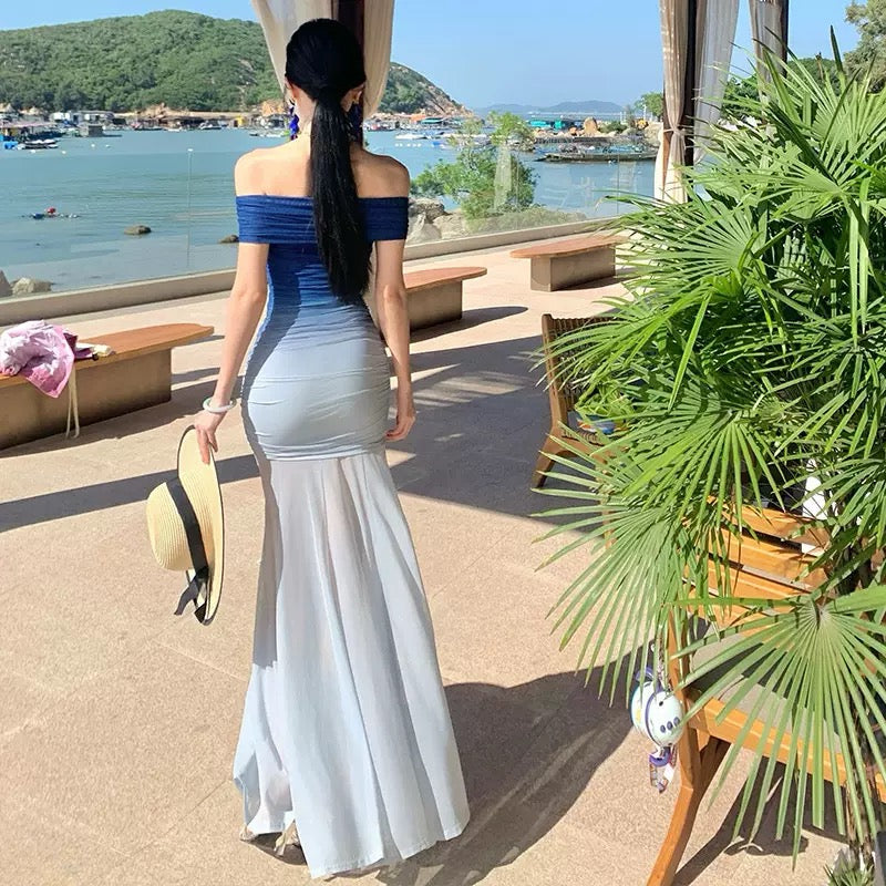 Elena Blue Ombre Off Shoulder Mermaid Maxi Dress - Made For Her Label