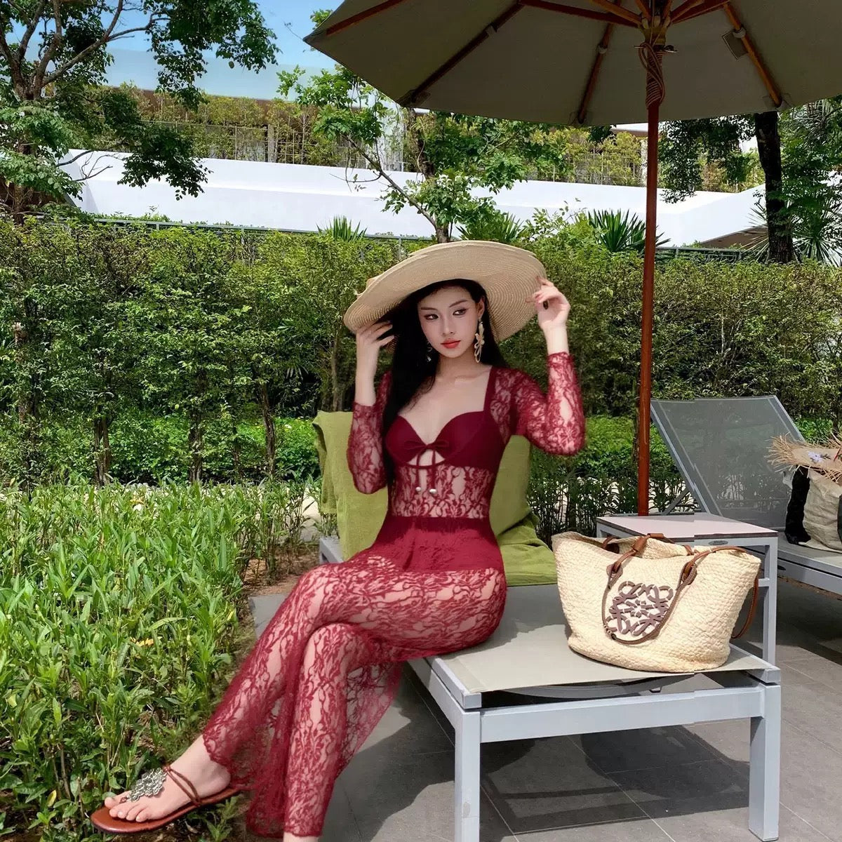 Virelle Burgundy Lace 3-Piece Beachwear Set