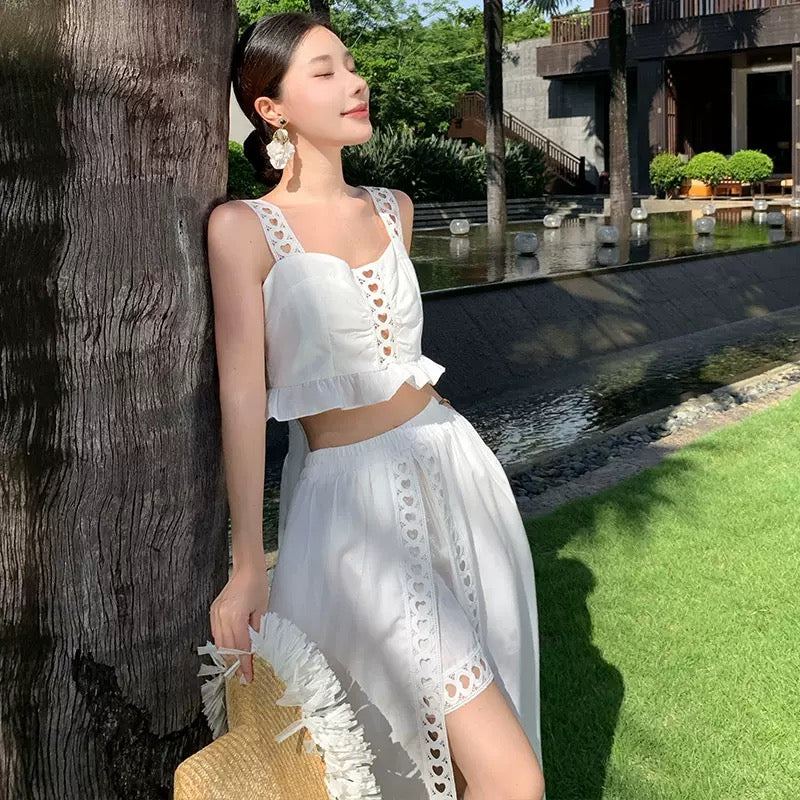 Jenna White Cutwork Embroidered Crop Top & Maxi Skirt Co-Ord Set - Made For Her Label