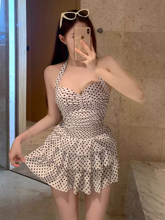 Monvera White Polka Dot Halter Swim Dress