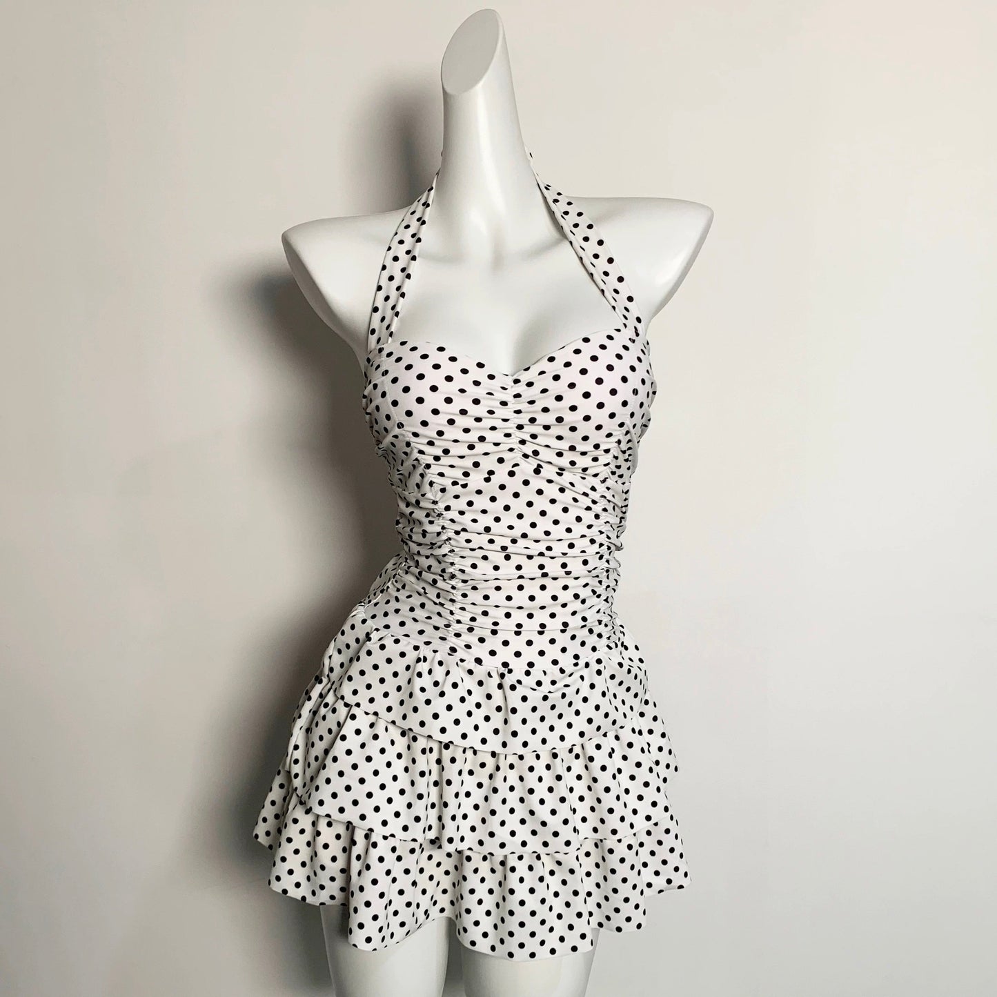 Monvera White Polka Dot Halter Swim Dress