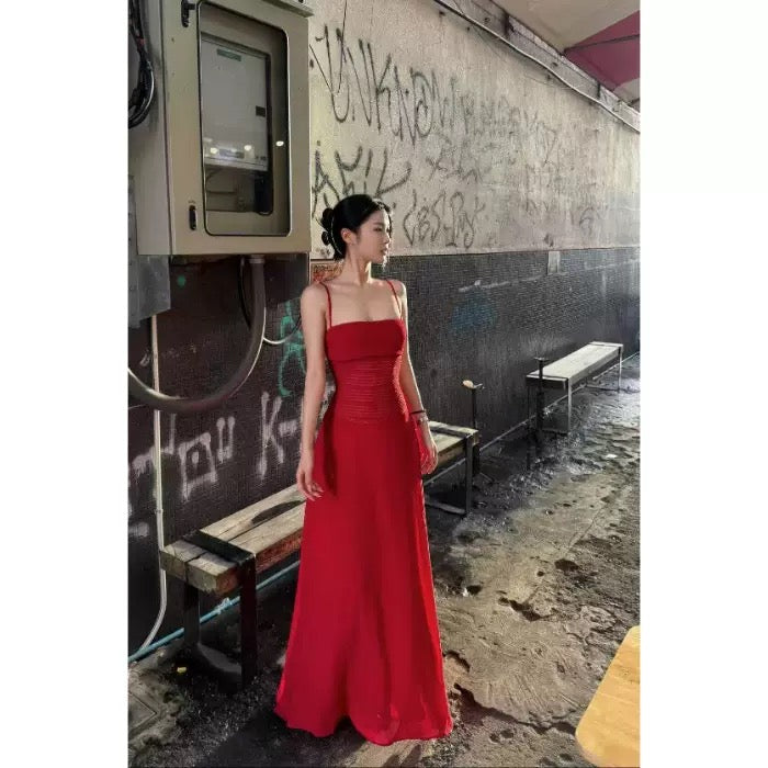 Lina Elegant Red Ruched Maxi Slip Dress - Made For Her Label