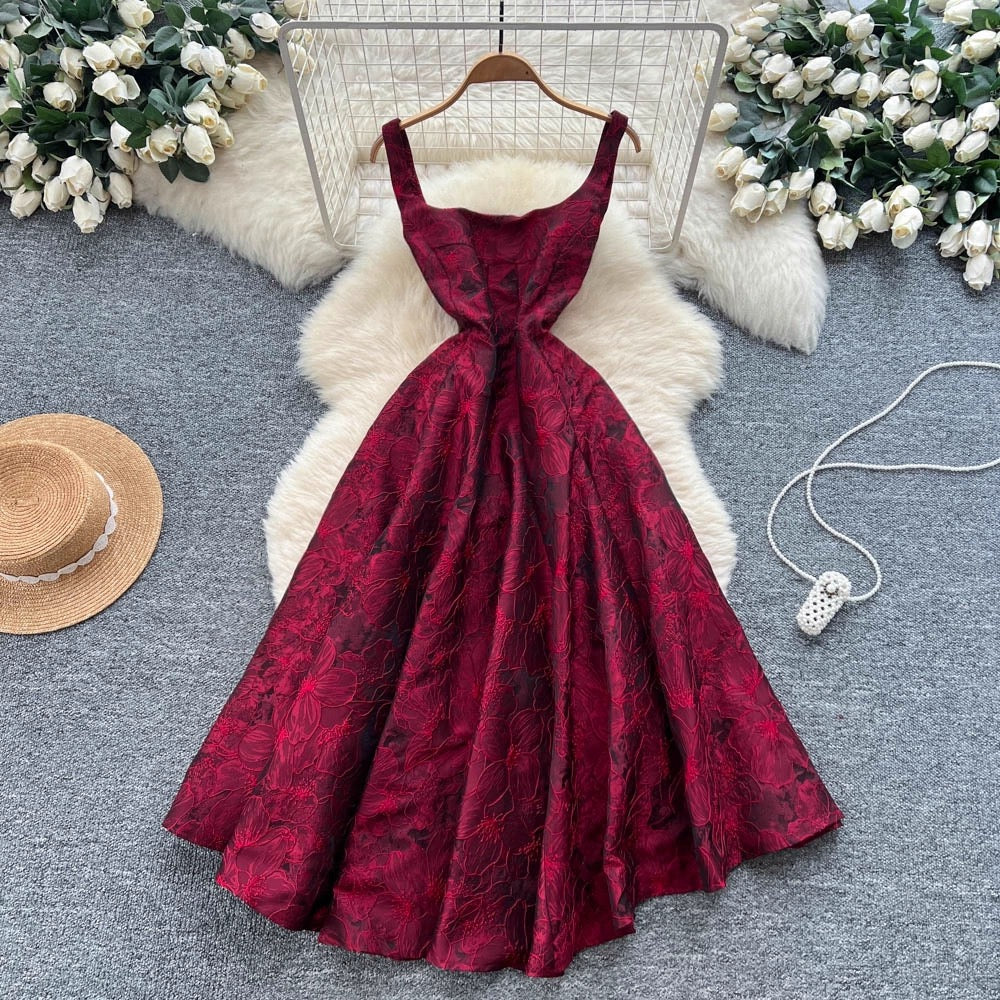 Amelia Wine Red Floral Jacquard Midi Flare Dress - Made For Her Label