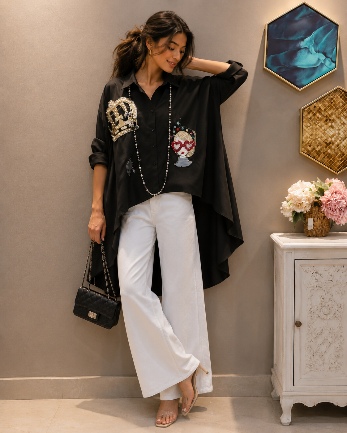 Gaga Rhinestone Detailing High Low Shirt