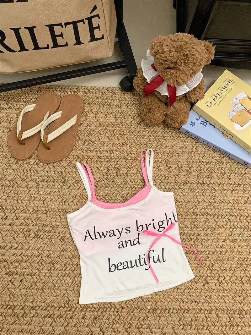 Noemi Ribbon Letter Print Padded Cami Top - Made For Her Label