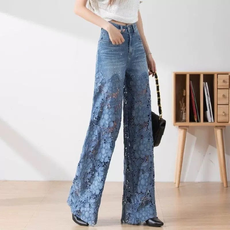 Bluebell High Waist Floral Lace Patchwork Wide Leg Jeans - Made For Her Label