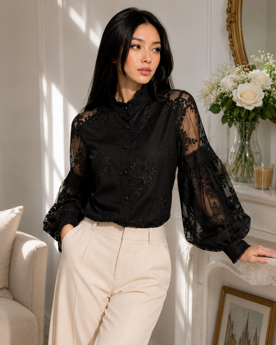 Karla Lantern Sleeve Mesh Blouse - Made For Her Label