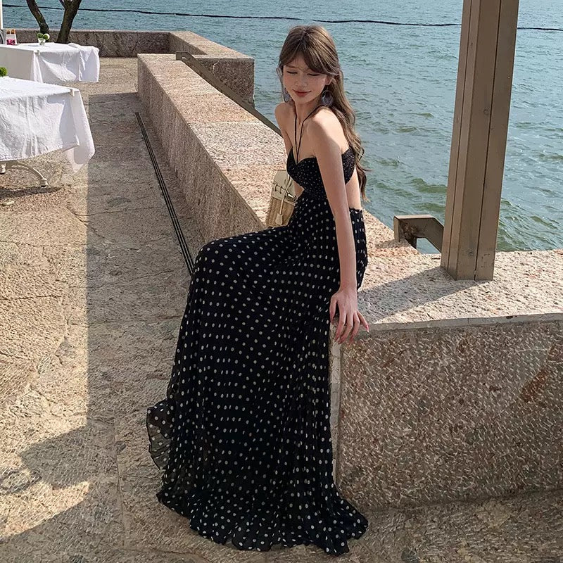 Avelis Black Polka Dot Halter Backless Maxi Dress
