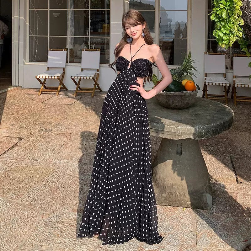 Avelis Black Polka Dot Halter Backless Maxi Dress