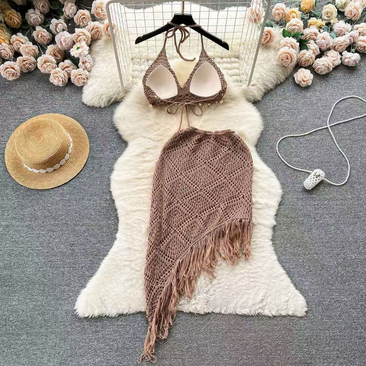 Alison Crochet Shell Detail Halter Bralette & Fringe Sarong Co-Ord Set - Made For Her Label