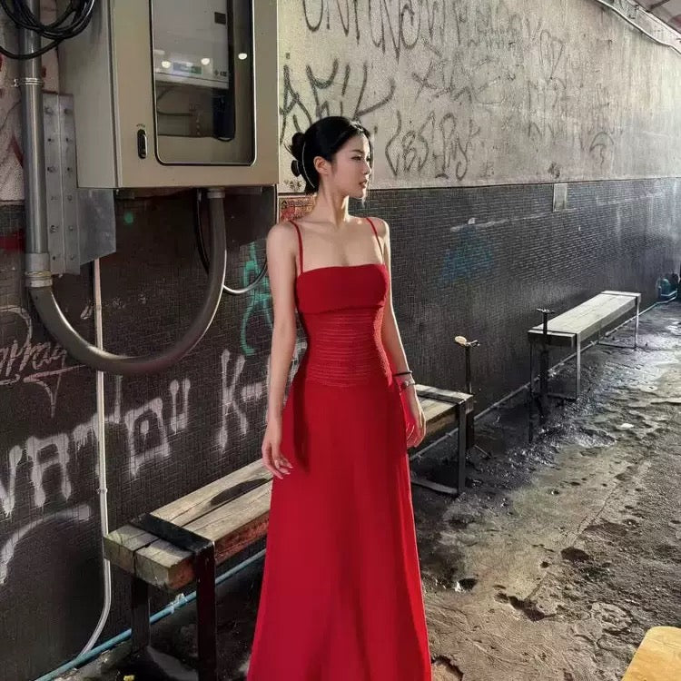 Lina Elegant Red Ruched Maxi Slip Dress - Made For Her Label