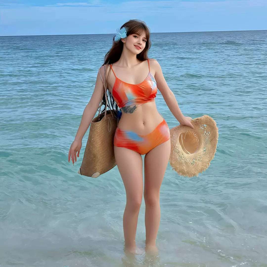 Charlie Abstract Print 3 Piece Bikini Set With Mesh Ruched Cover-Up Skirt - Made For Her Label