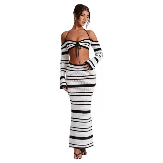 Virelle Black & White Striped Knit Off Shoulder Co-Ord Set