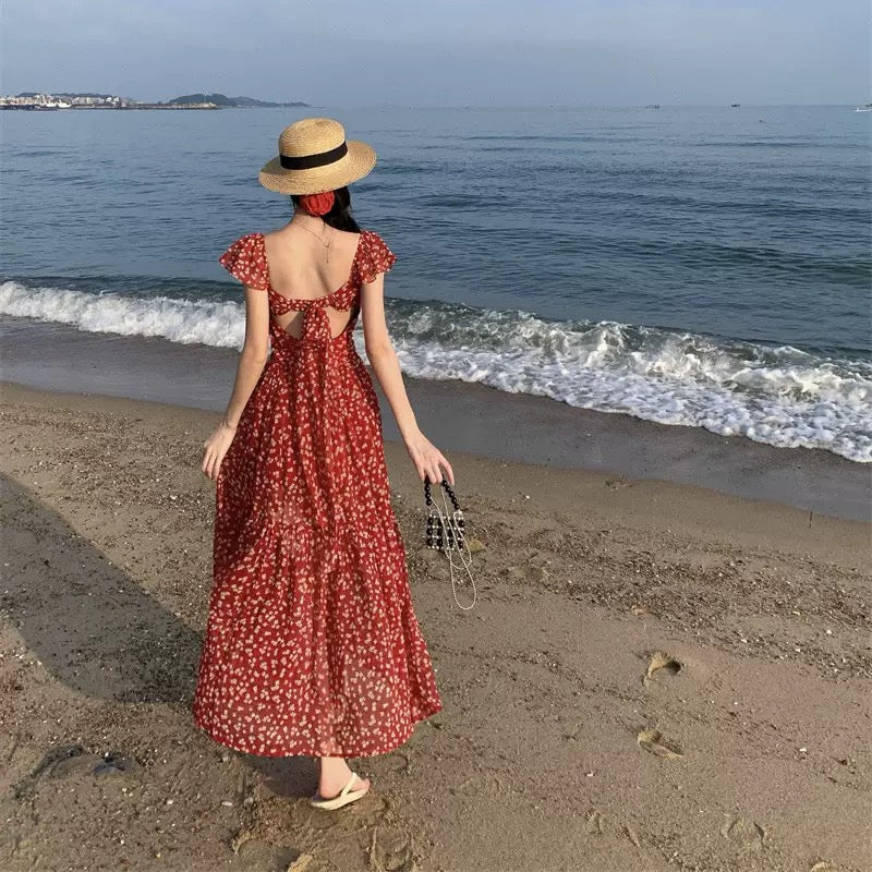 Rosin Red Floral Smocked Maxi Beach Dress - Made For Her Label