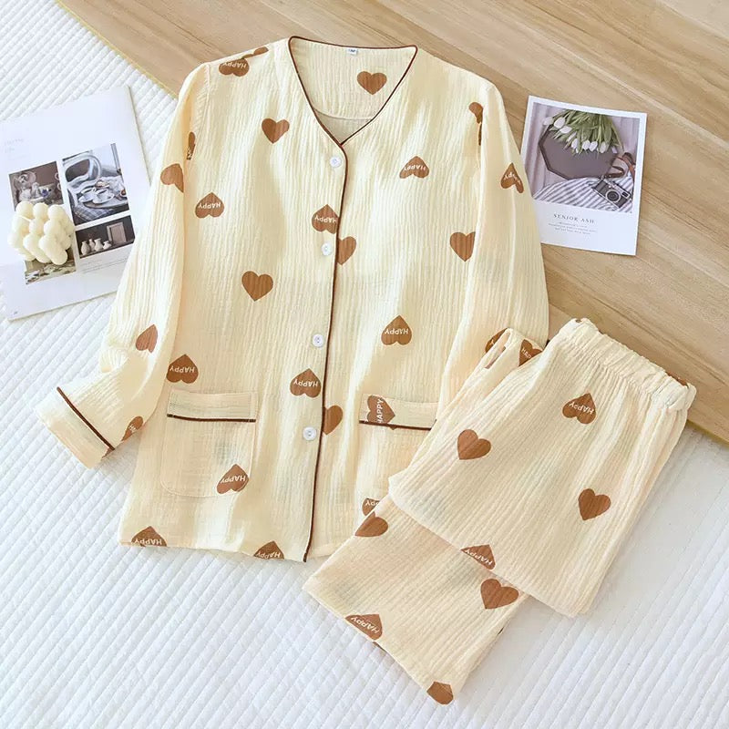 Yalina Padded Heart Print Cotton Night Suit Set - Made For Her Label