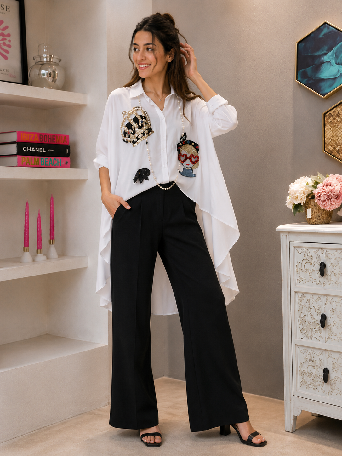 Gaga Rhinestone Detailing High Low Shirt
