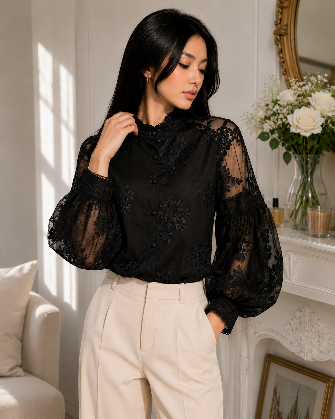 Karla Lantern Sleeve Mesh Blouse - Made For Her Label