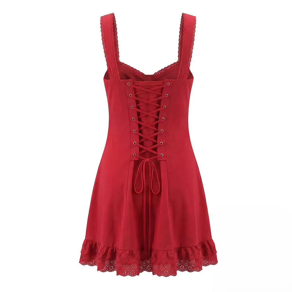 Ruby Red Lace Trim Ruffle Mini Dress - Made For Her Label