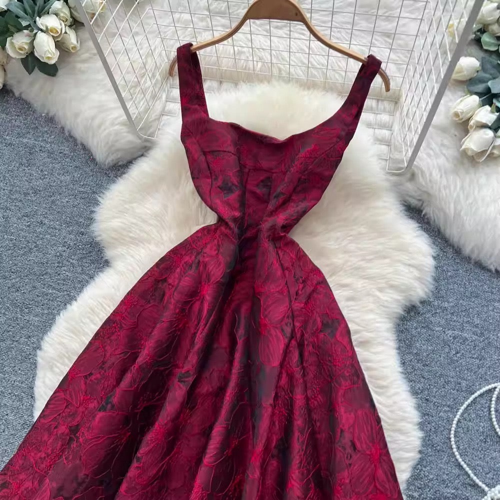 Amelia Wine Red Floral Jacquard Midi Flare Dress - Made For Her Label