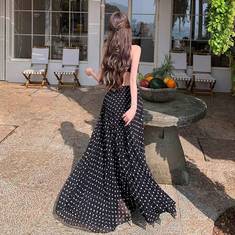 Avelis Black Polka Dot Halter Backless Maxi Dress