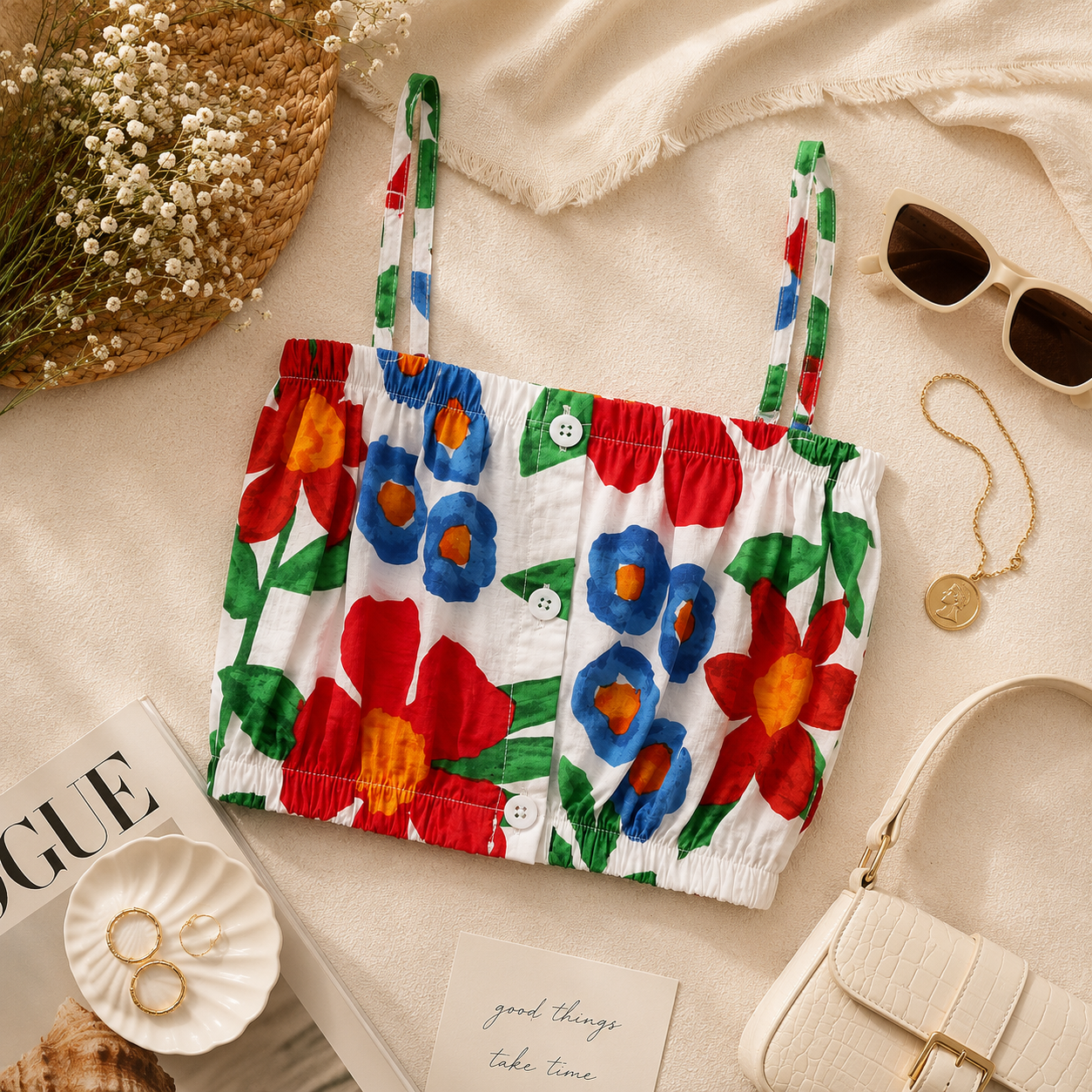 Flower Print Front Button Crop Top