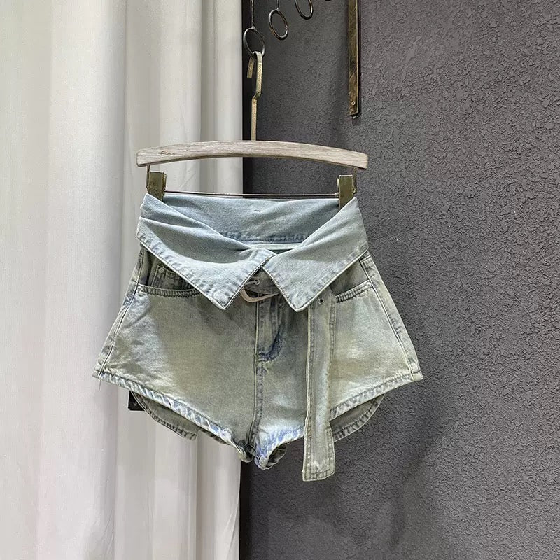 Inaya Light Wash Fold Waist Denim Micro Short - Made For Her Label