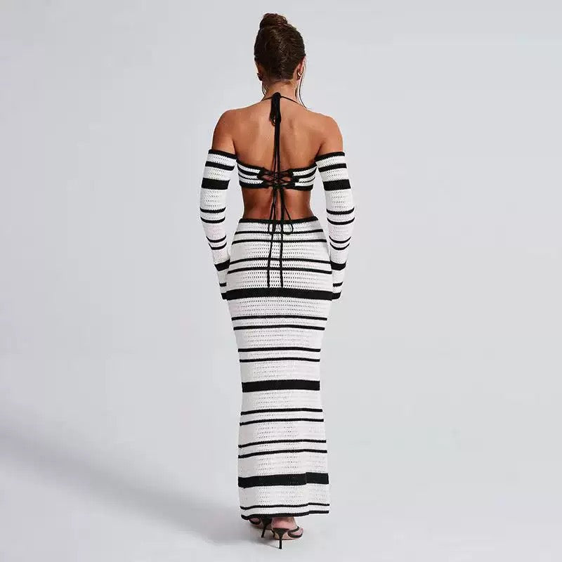 Virelle Black & White Striped Knit Off Shoulder Co-Ord Set