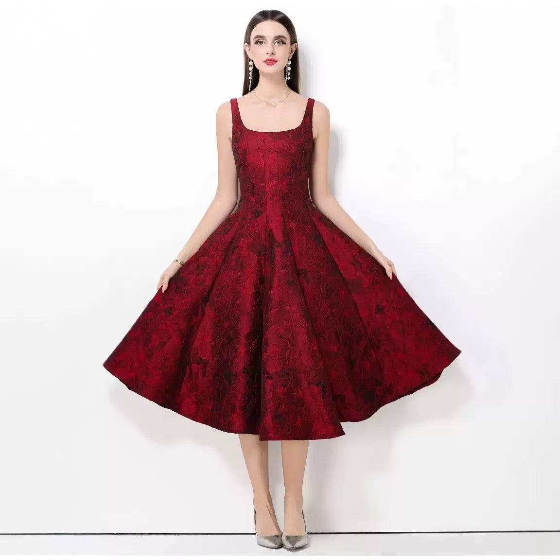 Amelia Wine Red Floral Jacquard Midi Flare Dress - Made For Her Label