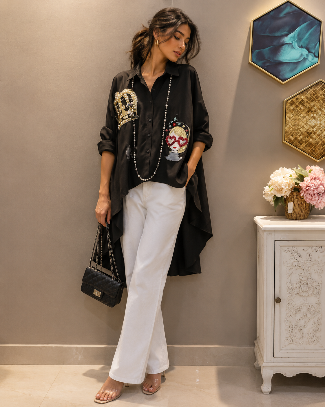 Gaga Rhinestone Detailing High Low Shirt